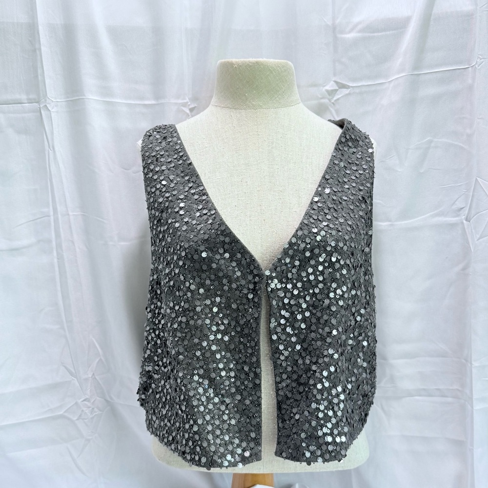 Eileen Fisher Gray Sequin Encrusted‎ Matka Silk Racer Back Vest Party Cocktail M
